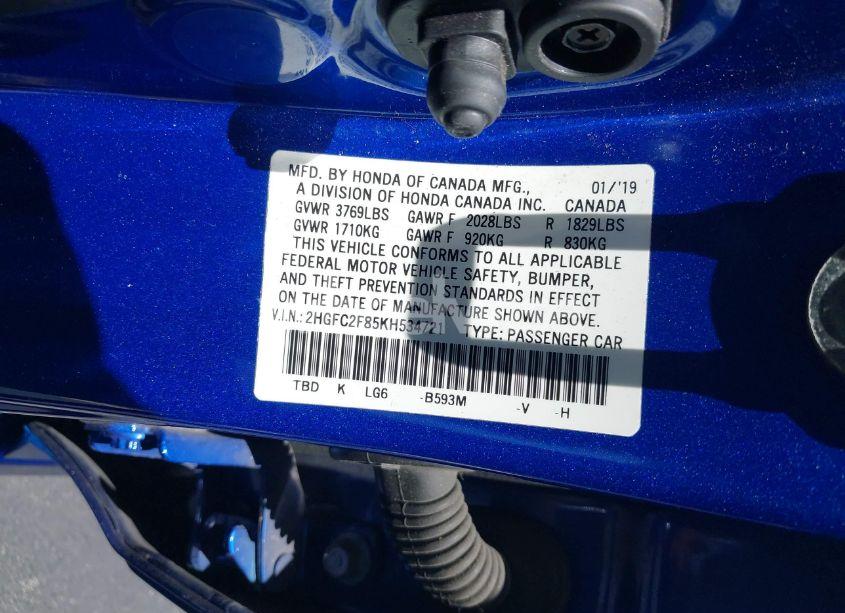 Photo 9 of 2019 Honda Civic SPORT (VIN 2HGFC2F85KH534721)