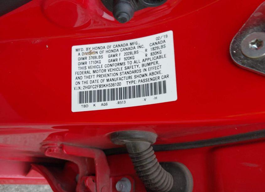 Photo 9 of 2019 Honda Civic SPORT (VIN 2HGFC2F85KH536100)