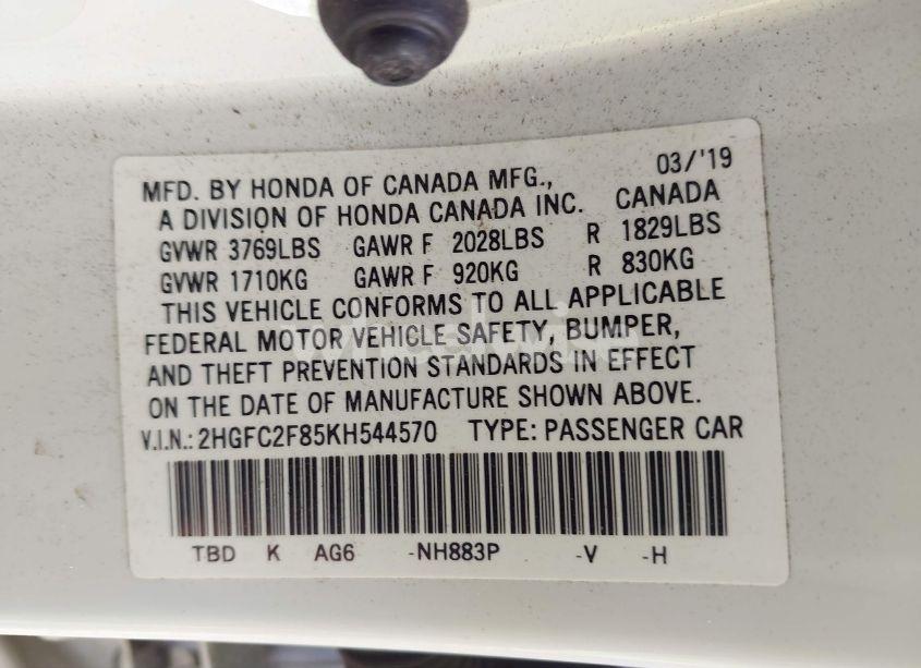 Photo 9 of 2019 Honda Civic SPORT (VIN 2HGFC2F85KH544570)