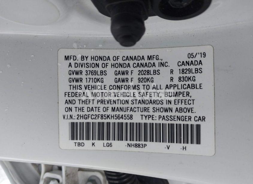 Photo 9 of 2019 Honda Civic SPORT (VIN 2HGFC2F85KH564558)