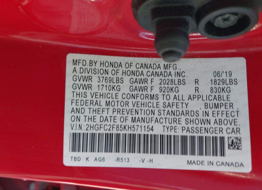 Photo 9 of 2019 Honda Civic SPORT (VIN 2HGFC2F85KH571154)