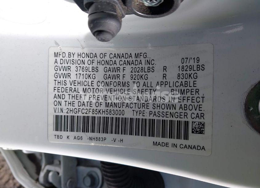 Photo 9 of 2019 Honda Civic SPORT (VIN 2HGFC2F85KH583000)