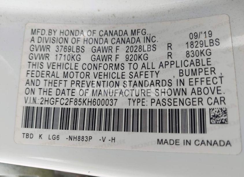 Photo 9 of 2019 Honda Civic SPORT (VIN 2HGFC2F85KH600037)