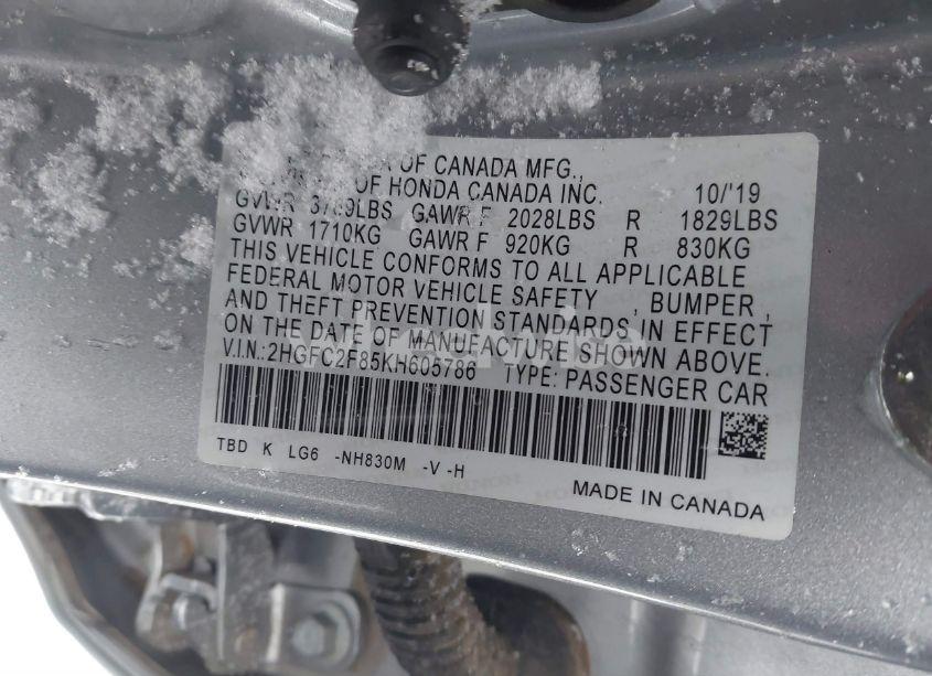 Photo 9 of 2019 Honda Civic SPORT (VIN 2HGFC2F85KH605786)