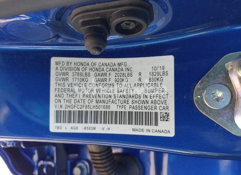 Photo 9 of 2020 Honda Civic SPORT (VIN 2HGFC2F85LH501686)