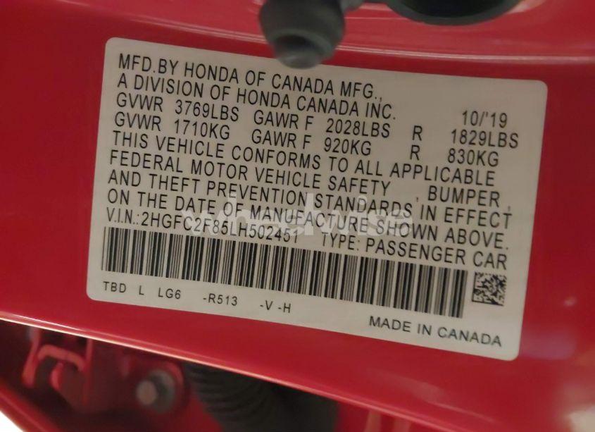 Photo 9 of 2020 Honda Civic SPORT (VIN 2HGFC2F85LH502451)