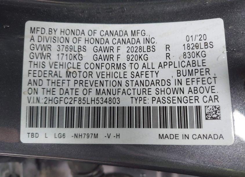 Photo 9 of 2020 Honda Civic SPORT (VIN 2HGFC2F85LH534803)
