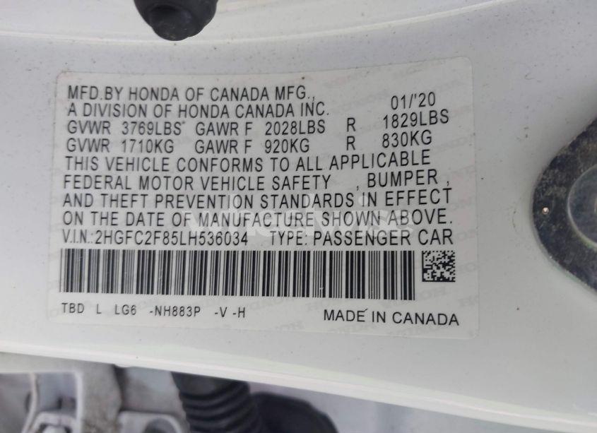 Photo 9 of 2020 Honda Civic SPORT (VIN 2HGFC2F85LH536034)