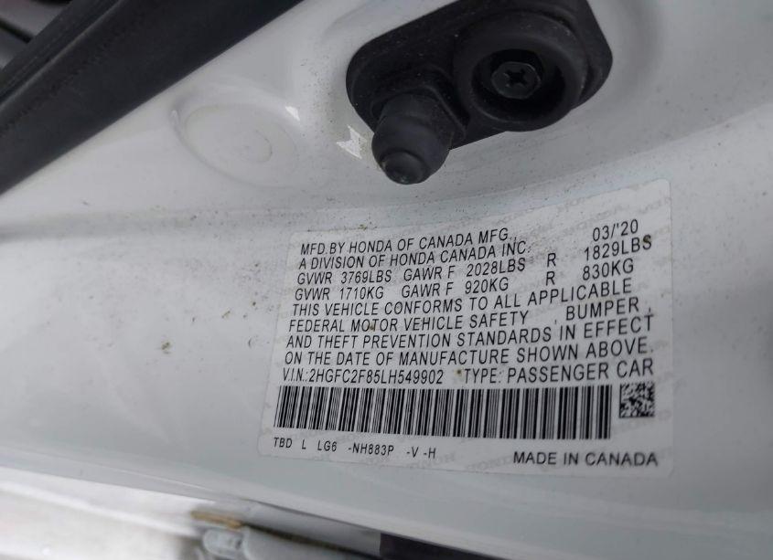 Photo 9 of 2020 Honda Civic SPORT (VIN 2HGFC2F85LH549902)