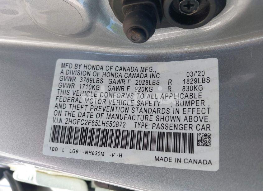 Photo 9 of 2020 Honda Civic SPORT (VIN 2HGFC2F85LH550872)