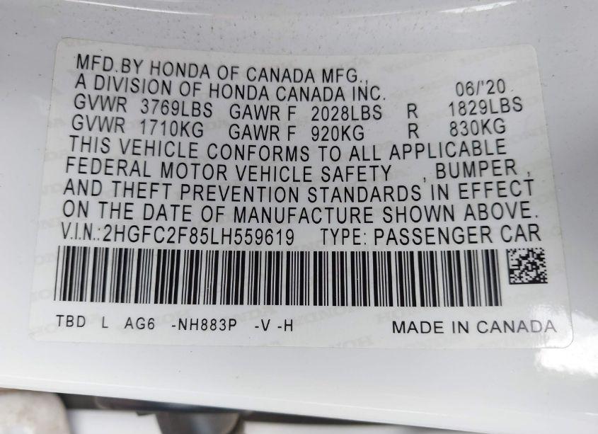 Photo 9 of 2020 Honda Civic SPORT (VIN 2HGFC2F85LH559619)