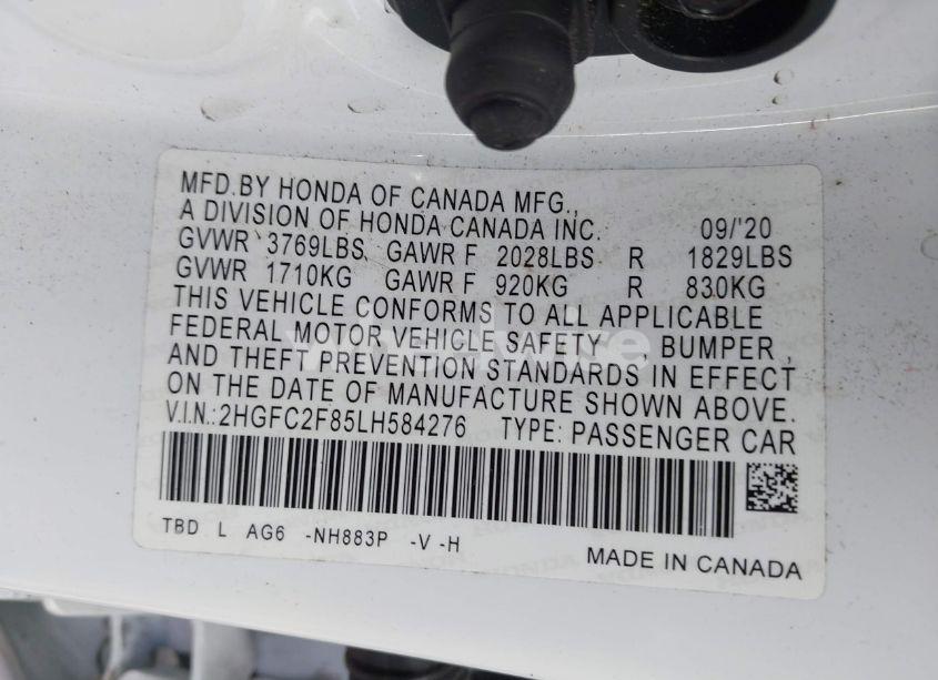 Photo 9 of 2020 Honda Civic SPORT (VIN 2HGFC2F85LH584276)