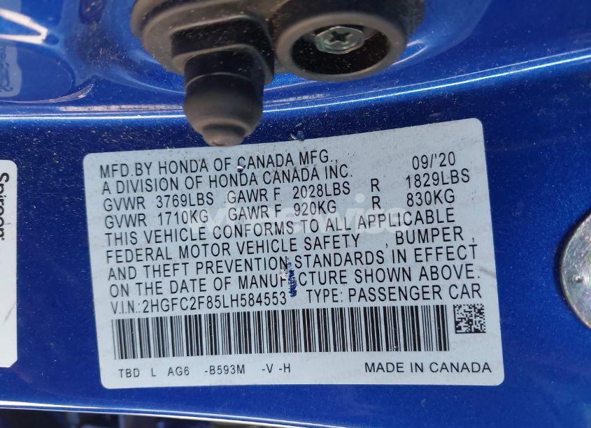 Photo 9 of 2020 Honda Civic SPORT (VIN 2HGFC2F85LH584553)