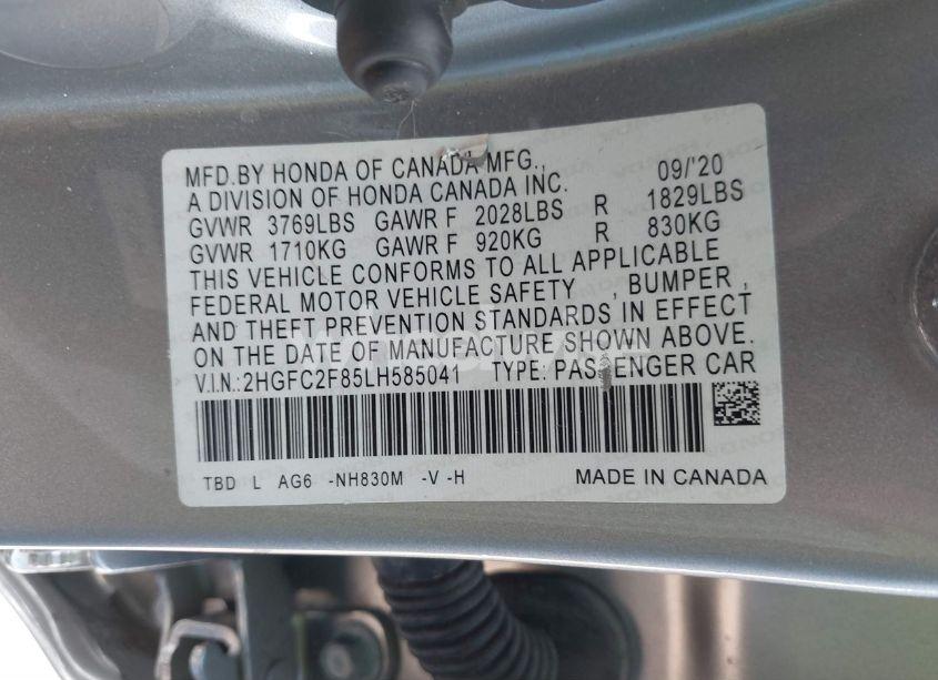 Photo 9 of 2020 Honda Civic SPORT (VIN 2HGFC2F85LH585041)