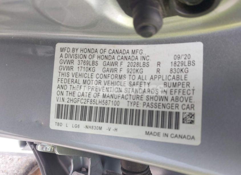 Photo 9 of 2020 Honda Civic SPORT (VIN 2HGFC2F85LH587100)