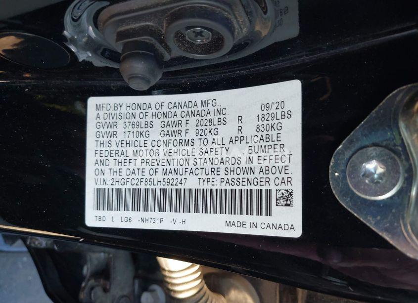 Photo 9 of 2020 Honda Civic SPORT (VIN 2HGFC2F85LH592247)