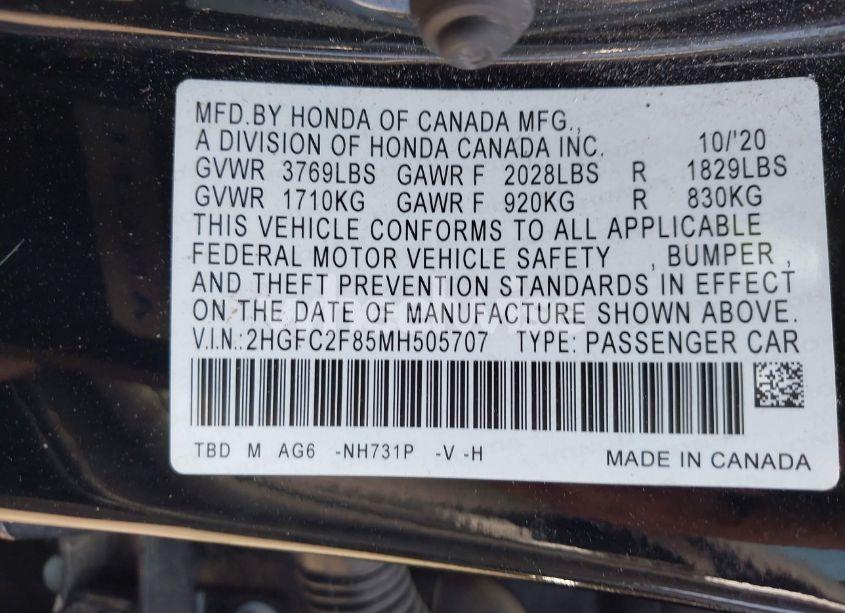 Photo 9 of 2021 Honda Civic SPORT (VIN 2HGFC2F85MH505707)