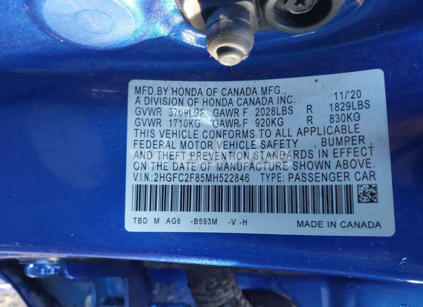 Photo 9 of 2021 Honda Civic SPORT (VIN 2HGFC2F85MH522846)