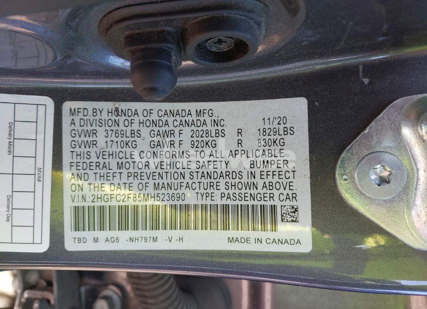 Photo 9 of 2021 Honda Civic SPORT (VIN 2HGFC2F85MH523690)