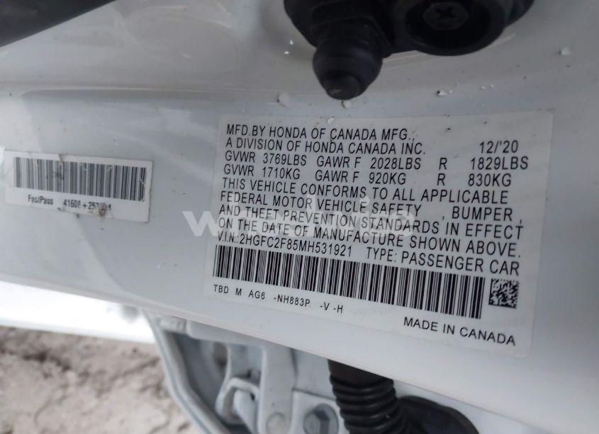 Photo 9 of 2021 Honda Civic SPORT (VIN 2HGFC2F85MH531921)