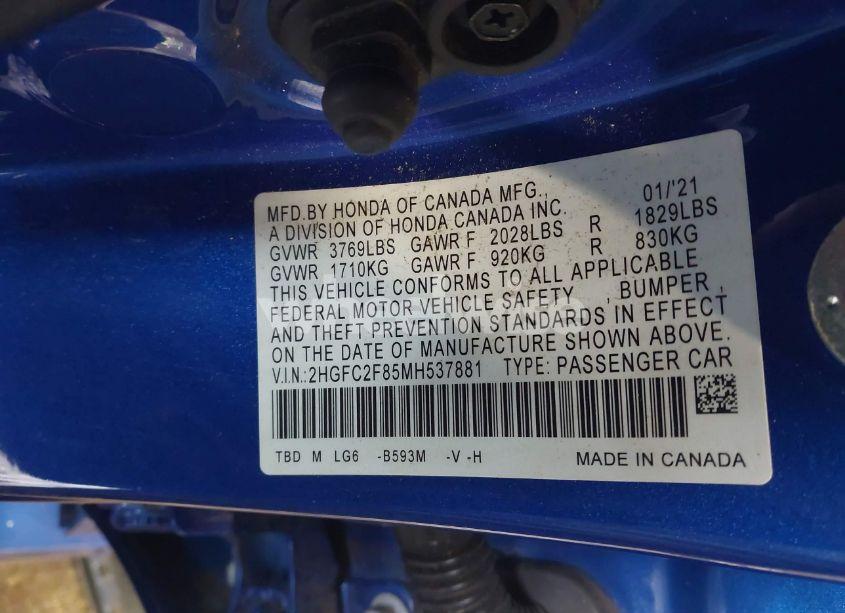 Photo 9 of 2021 Honda Civic SPORT (VIN 2HGFC2F85MH537881)