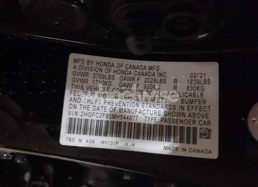 Photo 9 of 2021 Honda Civic SPORT (VIN 2HGFC2F85MH544877)