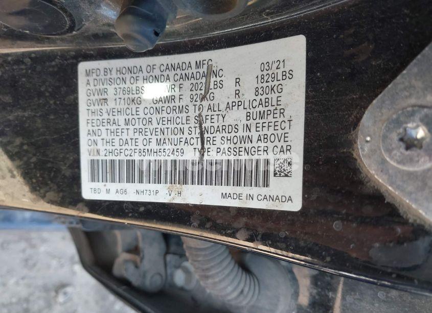 Photo 9 of 2021 Honda Civic SPORT (VIN 2HGFC2F85MH552459)