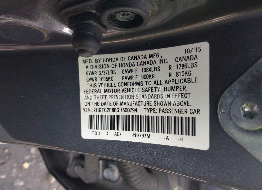 Photo 9 of 2016 Honda Civic EX (VIN 2HGFC2F86GH500794)