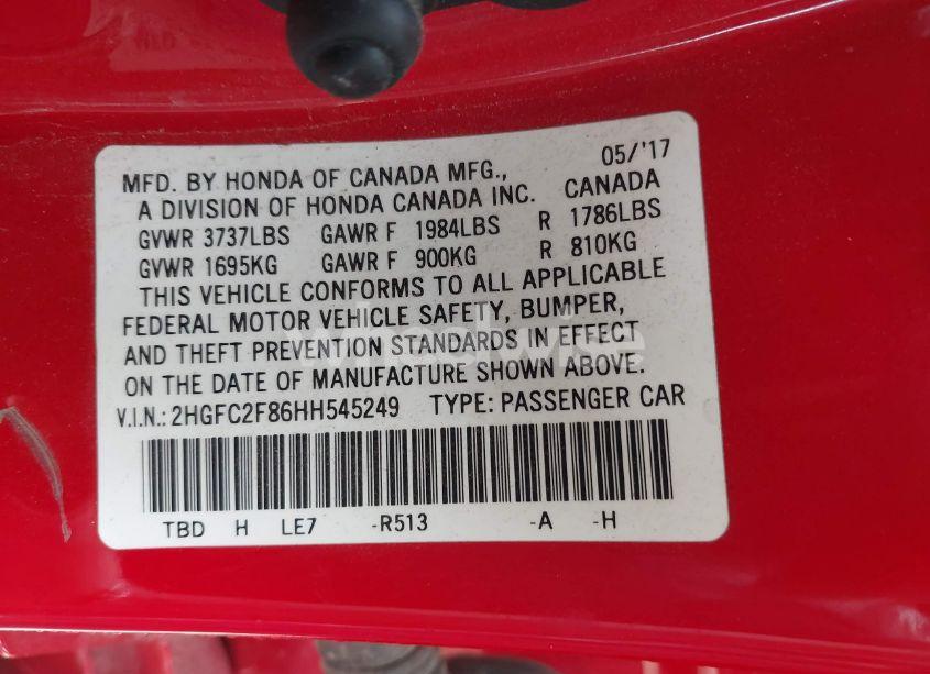 Photo 9 of 2017 Honda Civic EX (VIN 2HGFC2F86HH545249)