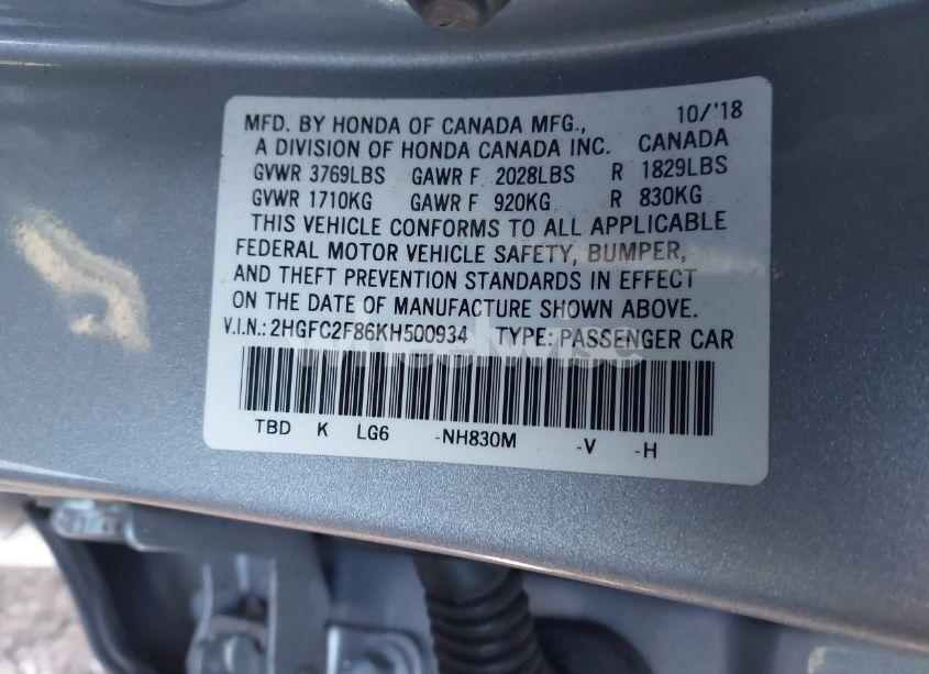 Photo 9 of 2019 Honda Civic SPORT (VIN 2HGFC2F86KH500934)