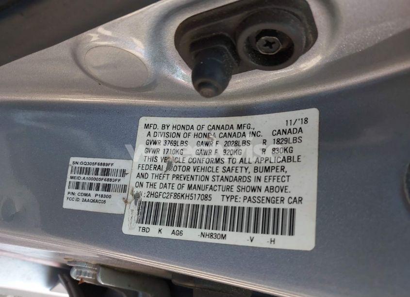 Photo 9 of 2019 Honda Civic SPORT (VIN 2HGFC2F86KH517085)