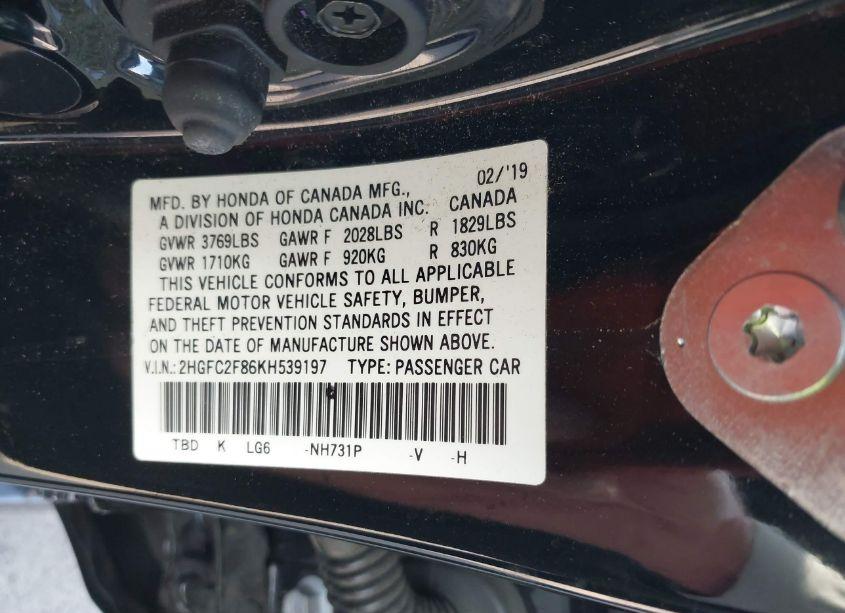 Photo 9 of 2019 Honda Civic SPORT (VIN 2HGFC2F86KH539197)