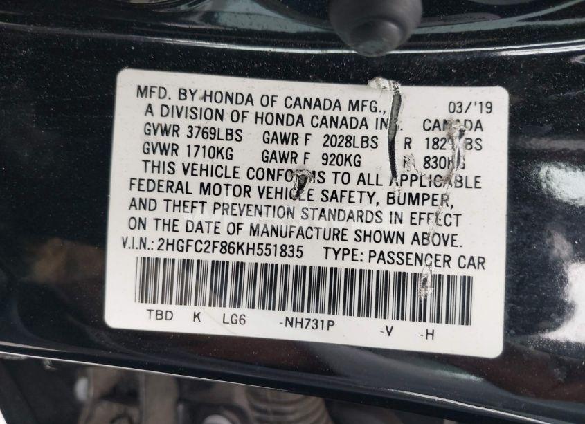 Photo 9 of 2019 Honda Civic SPORT (VIN 2HGFC2F86KH551835)