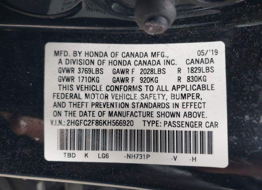 Photo 9 of 2019 Honda Civic SPORT (VIN 2HGFC2F86KH566920)