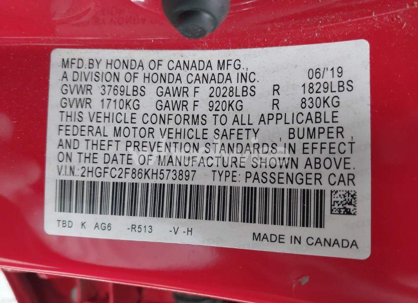 Photo 9 of 2019 Honda Civic SPORT (VIN 2HGFC2F86KH573897)