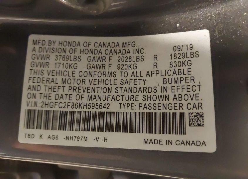 Photo 9 of 2019 Honda Civic SPORT (VIN 2HGFC2F86KH595642)