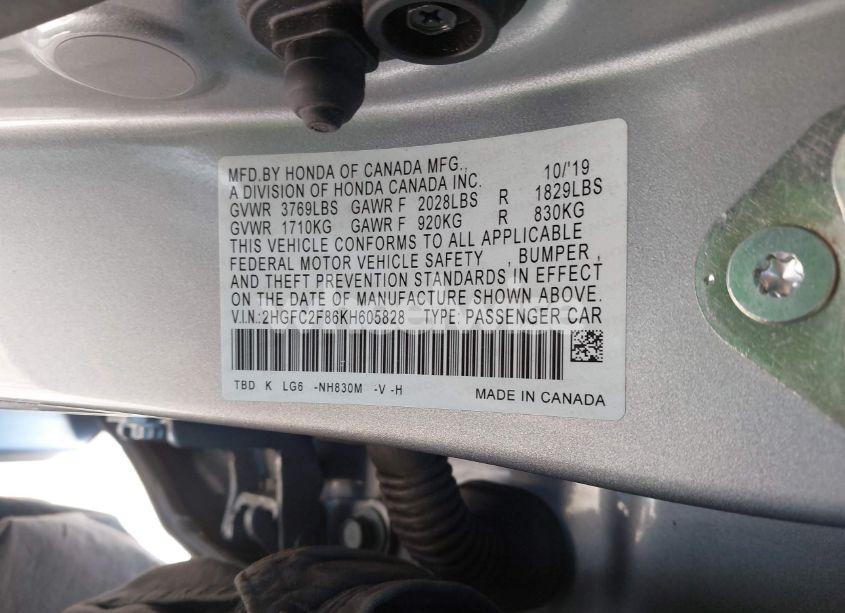 Photo 9 of 2019 Honda Civic SPORT (VIN 2HGFC2F86KH605828)