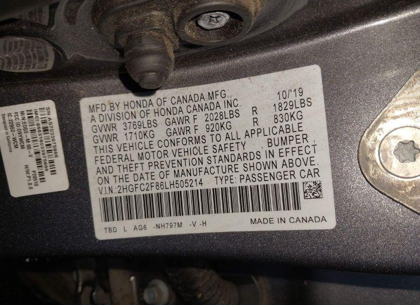 Photo 9 of 2020 Honda Civic SPORT (VIN 2HGFC2F86LH505214)