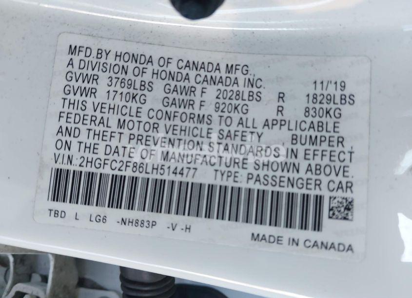 Photo 9 of 2020 Honda Civic SPORT (VIN 2HGFC2F86LH514477)