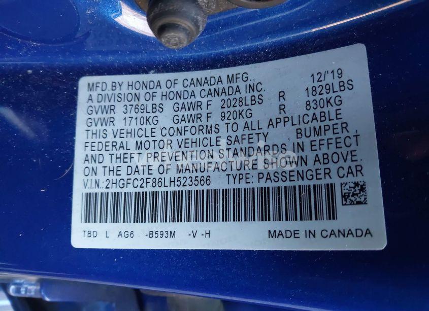 Photo 9 of 2020 Honda Civic SPORT (VIN 2HGFC2F86LH523566)