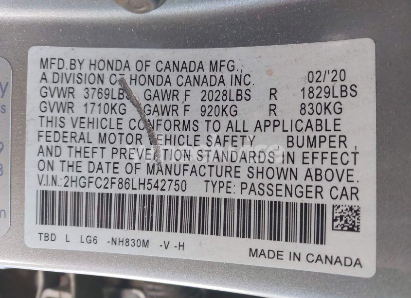 Photo 9 of 2020 Honda Civic SPORT (VIN 2HGFC2F86LH542750)