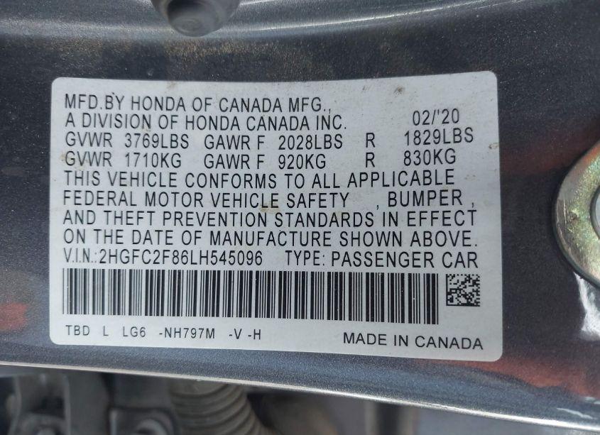 Photo 9 of 2020 Honda Civic SPORT (VIN 2HGFC2F86LH545096)