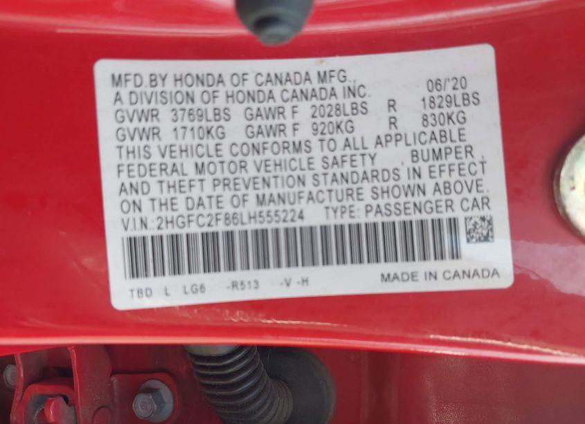 Photo 9 of 2020 Honda Civic SPORT (VIN 2HGFC2F86LH555224)