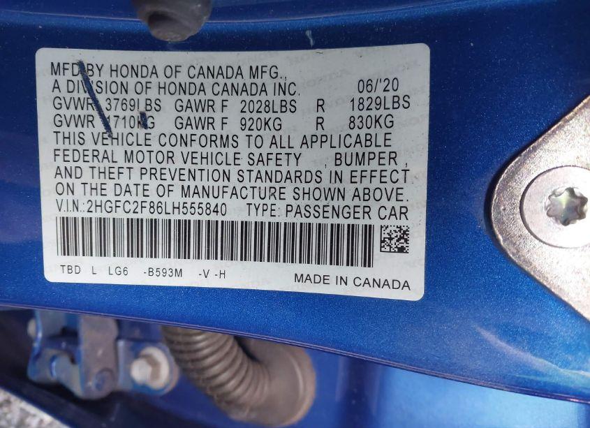 Photo 9 of 2020 Honda Civic SPORT (VIN 2HGFC2F86LH555840)