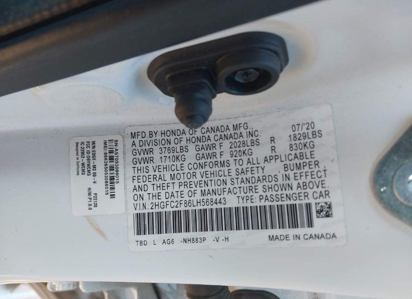 Photo 9 of 2020 Honda Civic SPORT (VIN 2HGFC2F86LH568443)