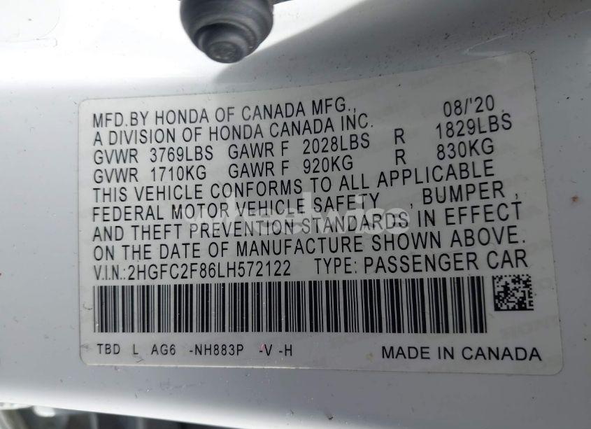 Photo 9 of 2020 Honda Civic SPORT (VIN 2HGFC2F86LH572122)