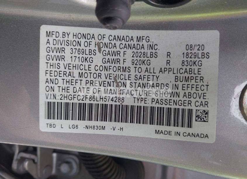 Photo 9 of 2020 Honda Civic SPORT (VIN 2HGFC2F86LH574288)