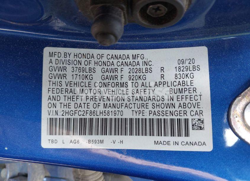 Photo 9 of 2020 Honda Civic SPORT (VIN 2HGFC2F86LH581970)