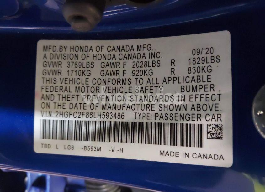 Photo 9 of 2020 Honda Civic SPORT (VIN 2HGFC2F86LH593486)