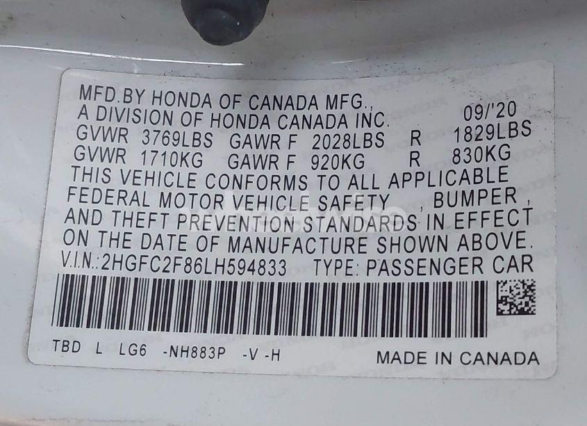 Photo 9 of 2020 Honda Civic SPORT (VIN 2HGFC2F86LH594833)